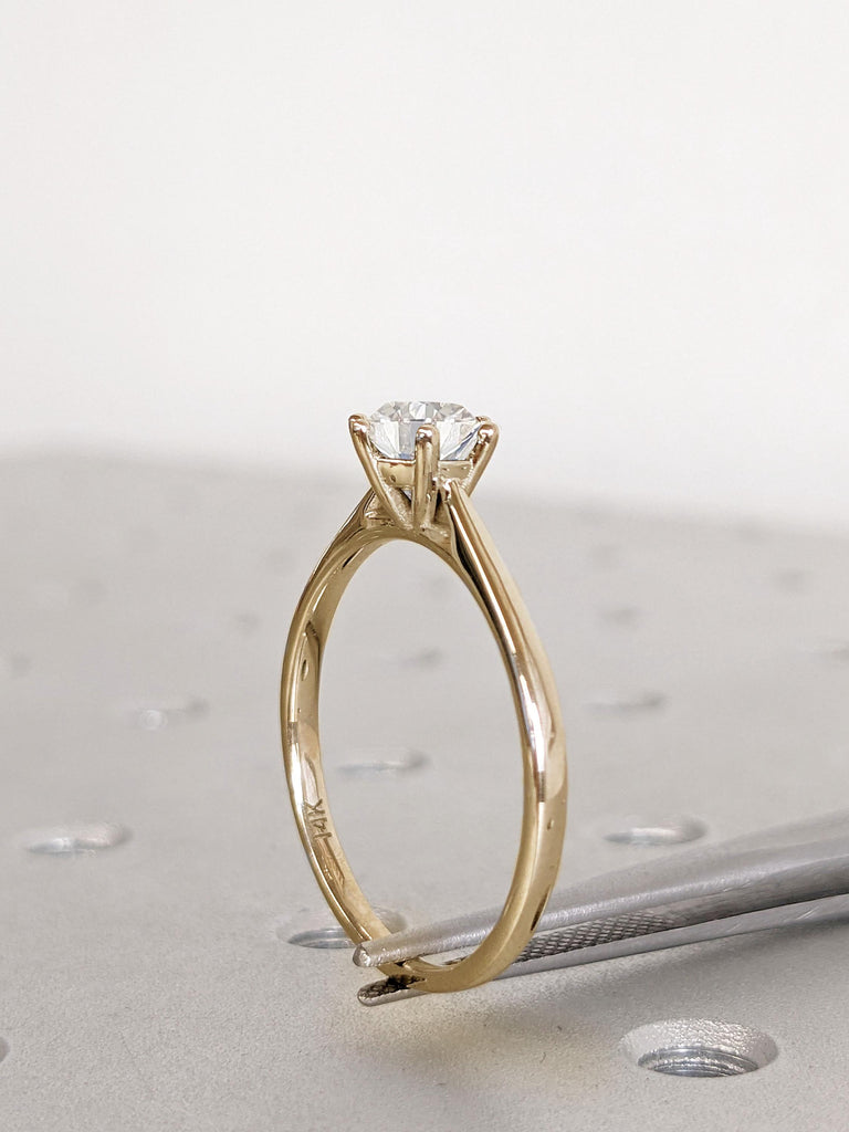 Minimalist Round Moissanite Solitaire Cathedral Setting Ring | 14k Yellow Gold Moissanite Engagement Ring | Women Wedding Ring, Gift for Her