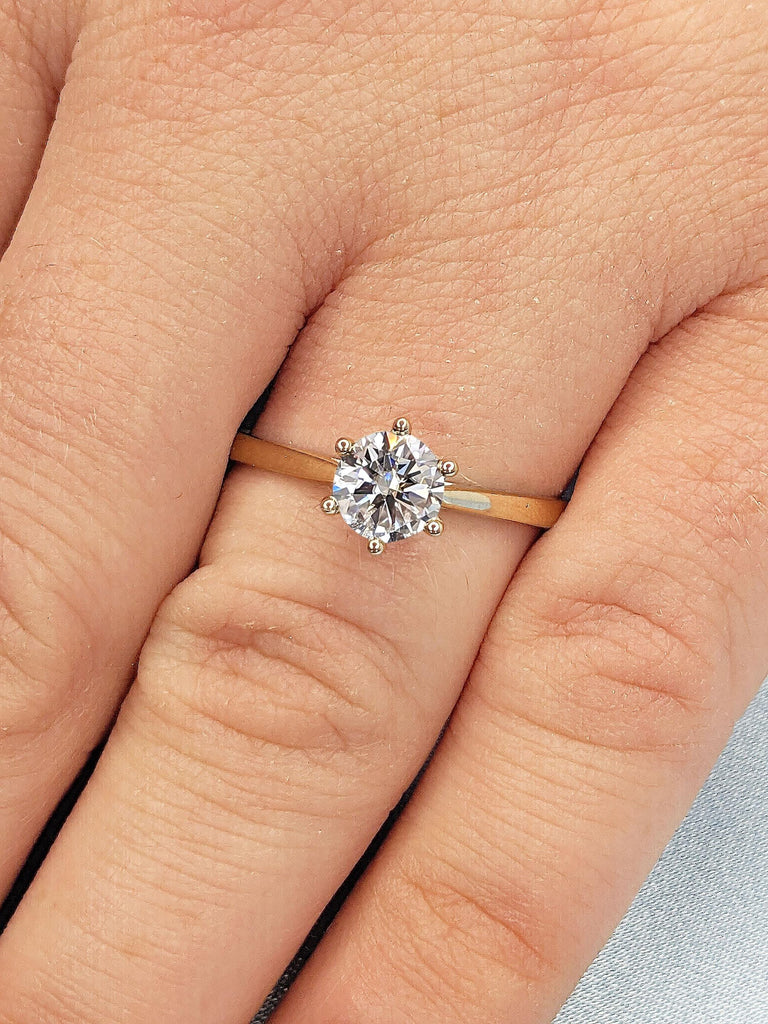 1ct VVS White Moissanite Solitaire Engagement Ring | Round cut Ring | 14k Yellow Gold Rings for Women | Delicate Engagement Ring