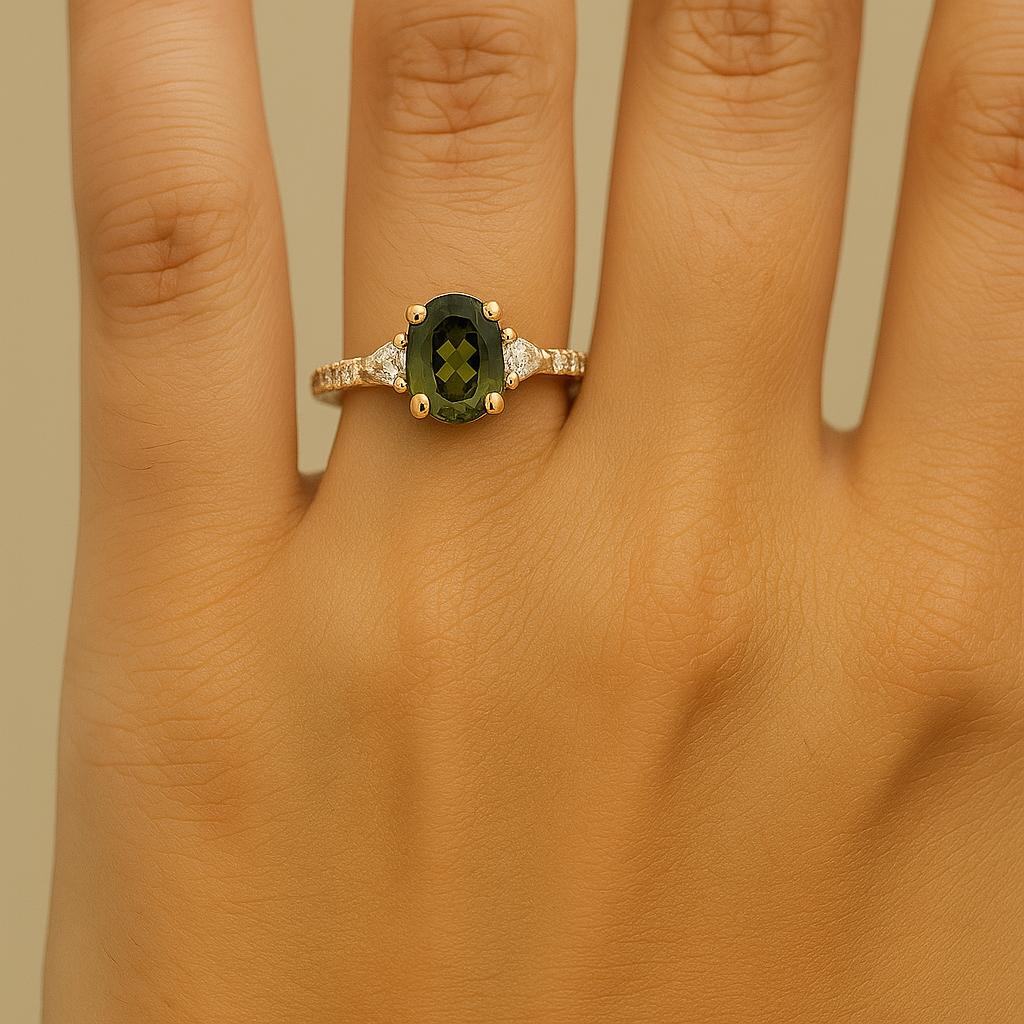 Vintage Engagement Ring, Solid Gold Ring, 1ct Oval Cut Sapphire Anniversary Ring, Dainty Green Sapphire Ring, Round Diamond Eternity Ring