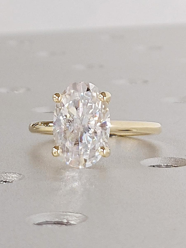 Classic Oval Cut Lab Diamond Solitaire Engagement Ring, 14K Solid Yellow Gold Ring, Gold Promise Ring for Her, Oval Solitaire Petite Band