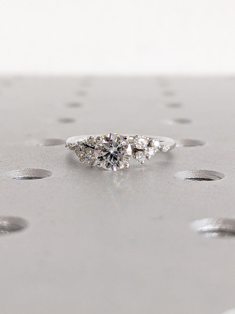 18K White Gold Engagement Ring with Round Lab Grown Diamond | Unique Snowdrift Diamond Cluster Proposal Ring | Art Deco Wedding Ring for Her