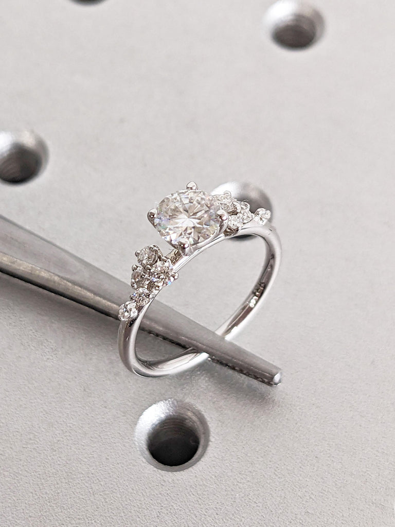 18K White Gold Engagement Ring with Round Lab Grown Diamond | Unique Snowdrift Diamond Cluster Promise Ring | Art Deco Wedding Ring for Her
