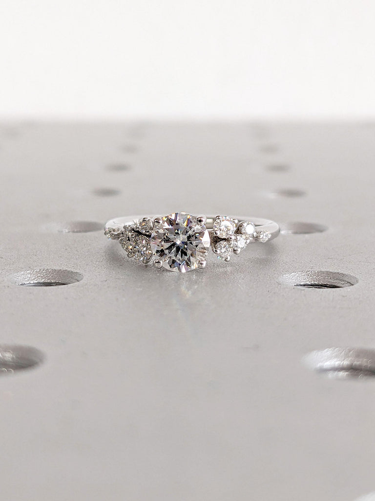 Round Moissanite Ring | Vintage Moissanite Engagement Ring | White Gold Unique Snowdrift 4 prong Promise Ring | Diamond Wedding Ring Women