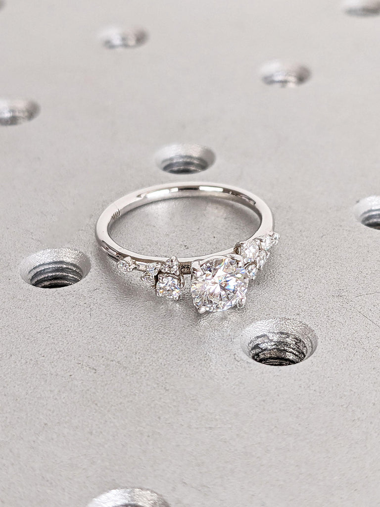 Round Moissanite Ring | Vintage Moissanite Engagement Ring | White Gold Unique Snowdrift 4 prong Promise Ring | Diamond Wedding Ring Women