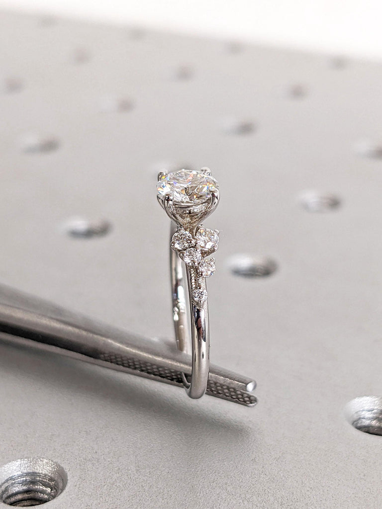 Round Moissanite Ring | Vintage Moissanite Engagement Ring | White Gold Unique Snowdrift 4 prong Promise Ring | Diamond Wedding Ring Women
