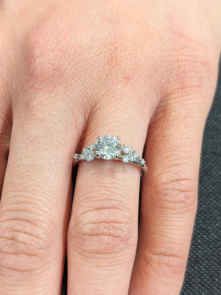 Round Moissanite Ring | Vintage Moissanite Engagement Ring | White Gold Unique Snowdrift 4 prong Promise Ring | Diamond Wedding Ring Women