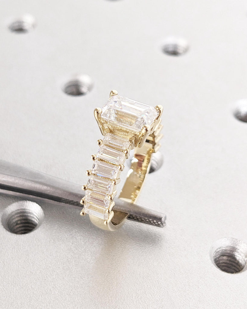 Emerald Cut Moissanite Engagement Ring, Baguette Moissanite Half Eternity Ring, Statement Ring for Her, 14K Solid Gold Vintage Art Deco Ring