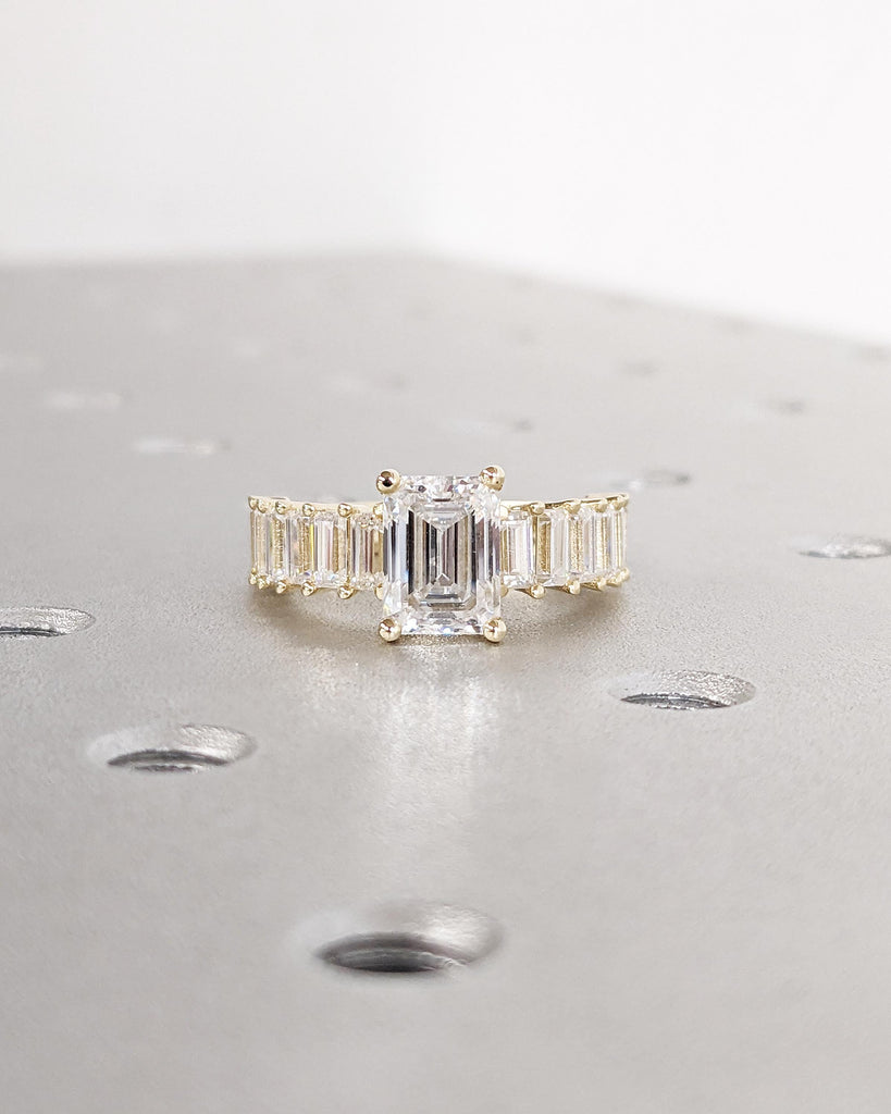 Emerald Cut Moissanite Engagement Ring, Baguette Moissanite Half Eternity Ring, Statement Ring for Her, 14K Solid Gold Vintage Art Deco Ring