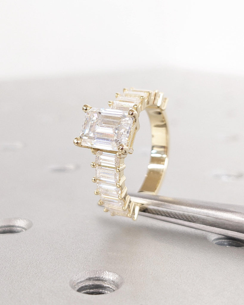 Emerald Cut Moissanite Engagement Ring, Baguette Moissanite Half Eternity Ring, Statement Ring for Her, 14K Solid Gold Vintage Art Deco Ring