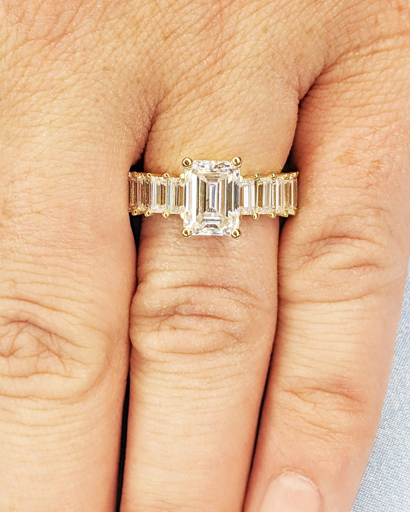 Emerald Cut Moissanite Engagement Ring, Baguette Moissanite Half Eternity Ring, Statement Ring for Her, 14K Solid Gold Vintage Art Deco Ring