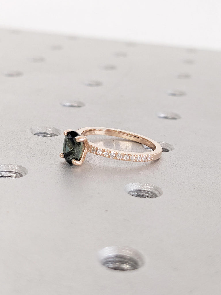 Vintage Blue Green Sapphire Engagement Ring, Rose Gold Half Eternity Ring