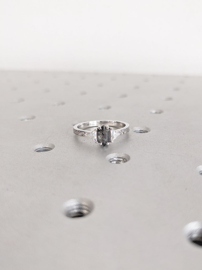 Art Deco Salt and Pepper Diamond Hexagon Ring, Unique Engagement Ring