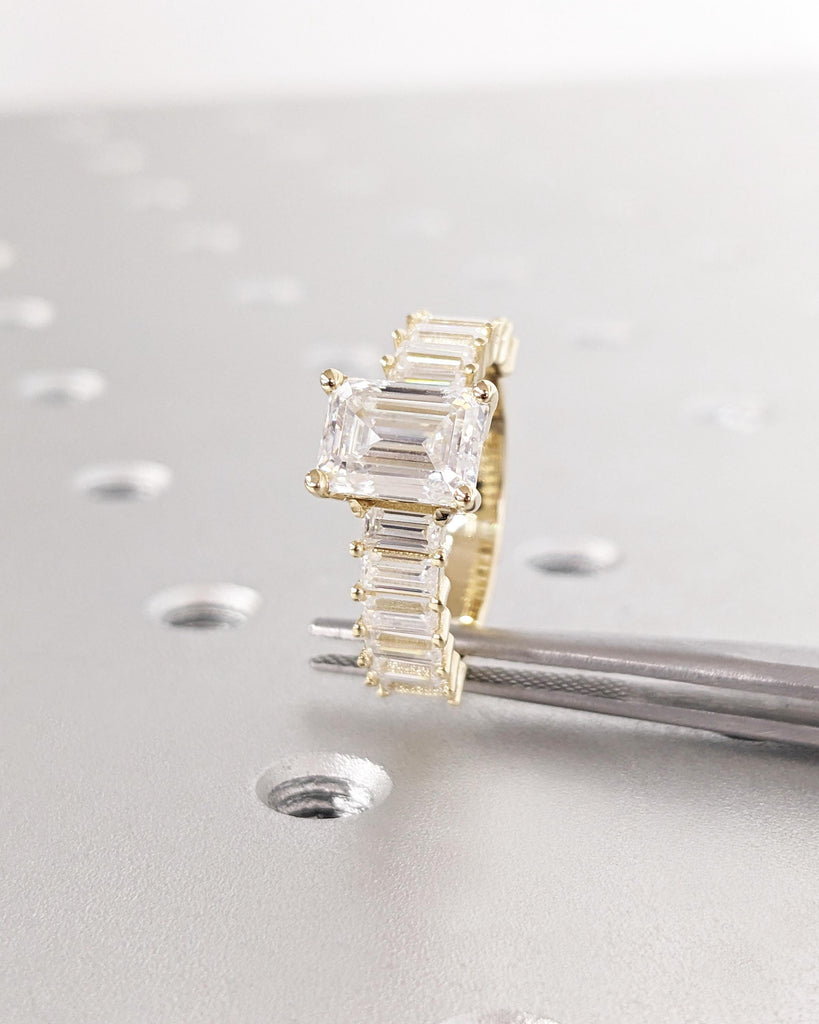 Emerald and Baguette Art Deco Promise Ring, Lab Grown Diamond Emerald Cut Ring, Moissanite Baguette Half Eternity Ring, 14K Gold Bridal Ring