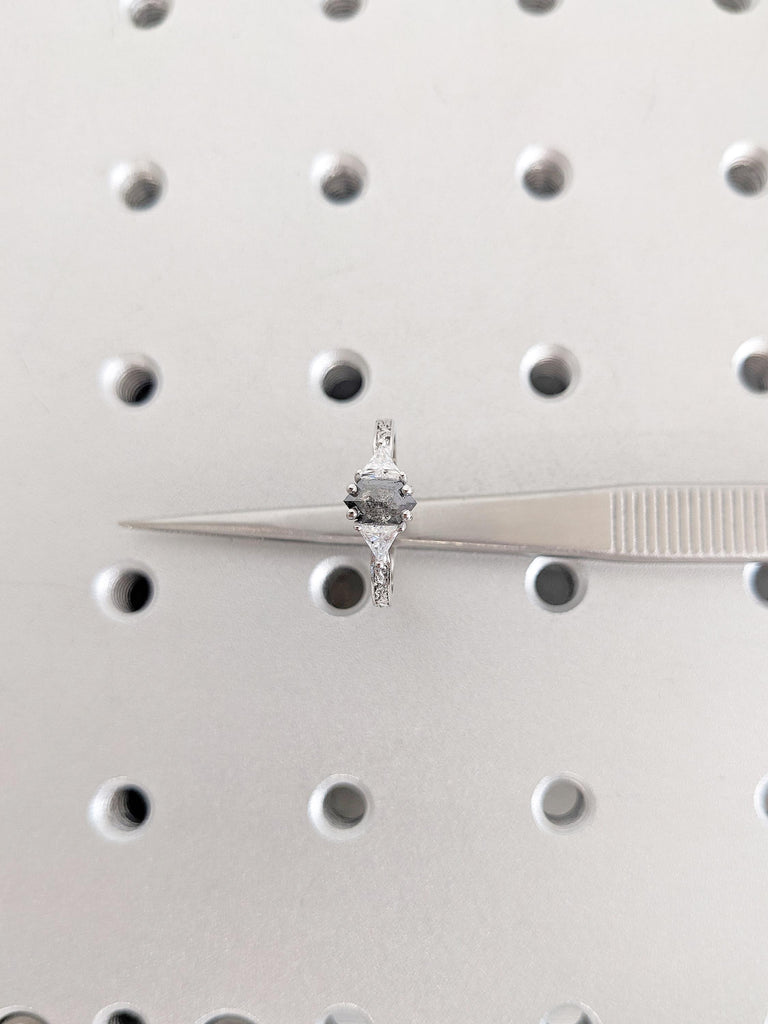 Hexagon Cut Salt and Pepper Diamond Ring