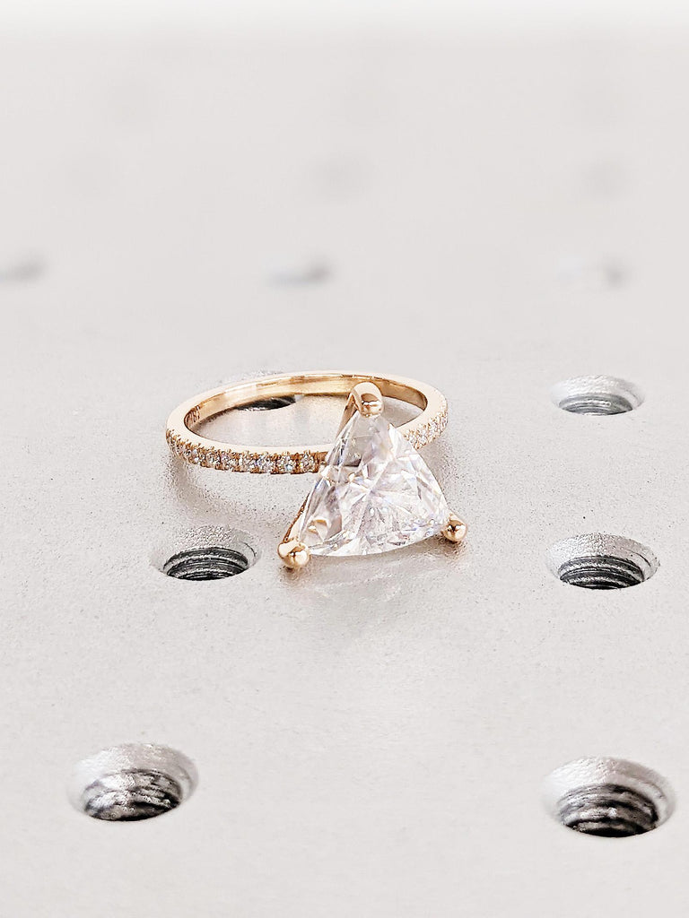 18K Rose Gold Trillion Moissanite Engagement Ring, Trillion Cut Diamond Ring, Diamond Pavé Band, Timeless Wedding Ring, Thin Stackable Ring