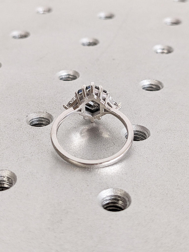 1CT, 2ct Genuine Diamond Engagement Ring | Comfort Fit Wedding Ring | Solid Gold Salt and Pepper Diamond Ring | Hexagon cut Art Deco Ring