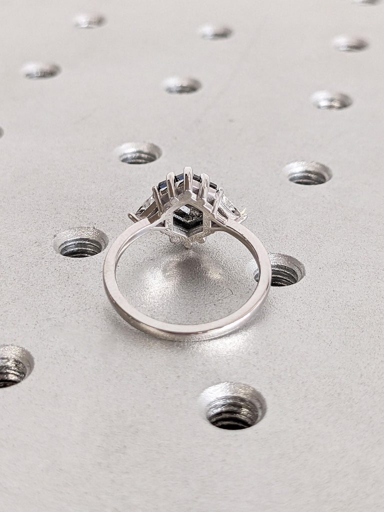 Unique Natural Salt and Pepper Grey Diamond Ring | Hexagon cut Engagement Ring | 14k White Gold Rings for Women | Three Stone Promise Ring