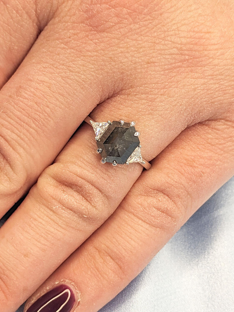 2ct Grey Diamond Engagement Ring | Hexagon and Triangle cut Ring | Natural Diamond Wedding Ring | Solid Gold Salt and Pepper Diamond Ring
