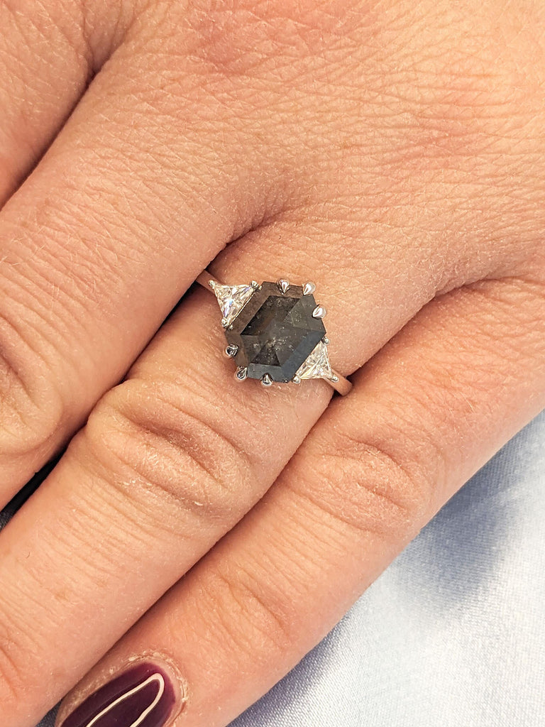2ct Grey Diamond Engagement Ring | Hexagon and Triangle cut Ring | Natural Diamond Wedding Ring | Solid Gold Salt and Pepper Diamond Ring