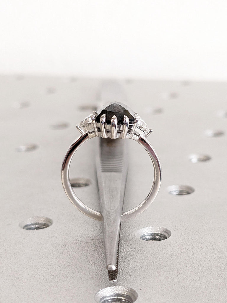 Unique Natural Salt and Pepper Grey Diamond Ring | Hexagon cut Engagement Ring | 14k White Gold Rings for Women | Three Stone Promise Ring