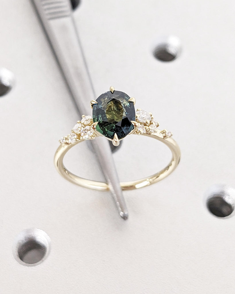Blue Green Sapphire Ring, Peacock Engagement Ring, 1.5ct Oval Teal Sapphire Ring, Yellow Gold Engagement Ring, Art Deco Cluster Diamond Ring