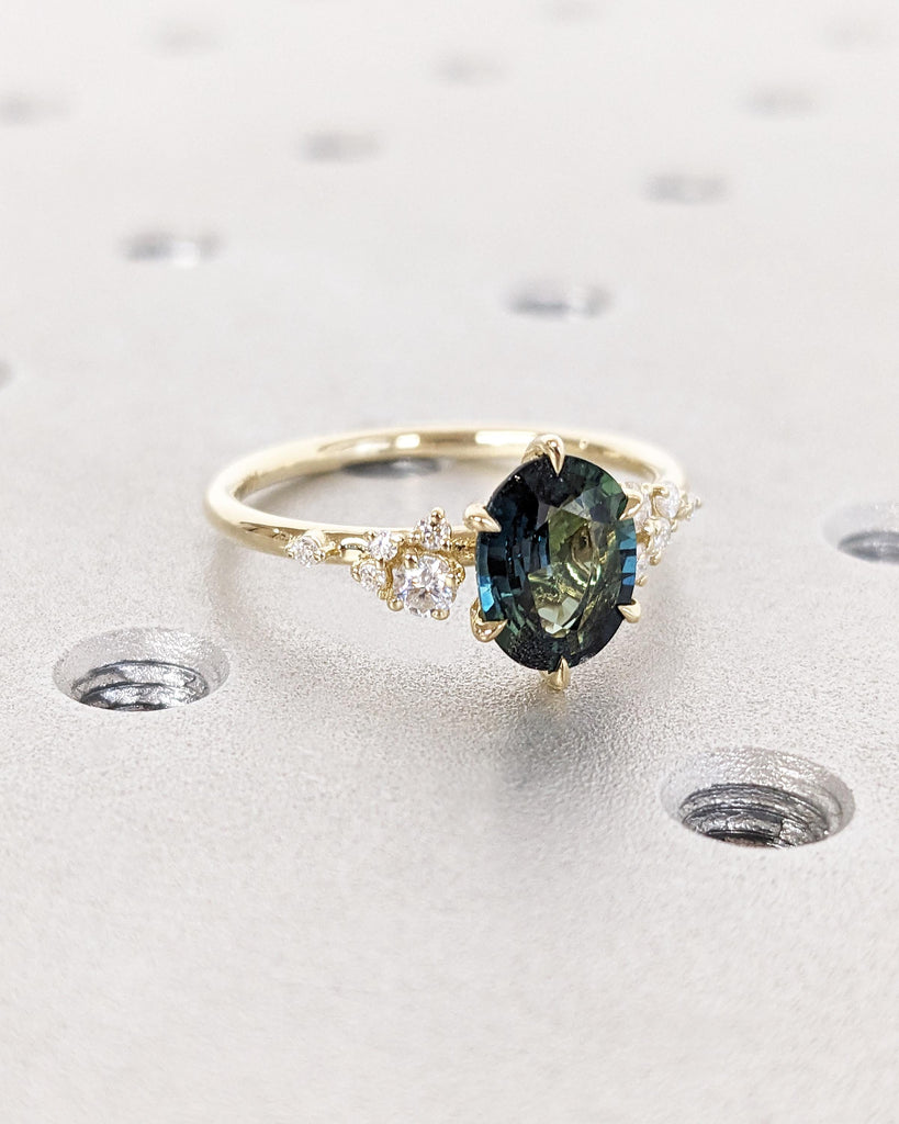 Blue Green Sapphire Ring, Peacock Engagement Ring, 1.5ct Oval Teal Sapphire Ring, Yellow Gold Engagement Ring, Art Deco Cluster Diamond Ring