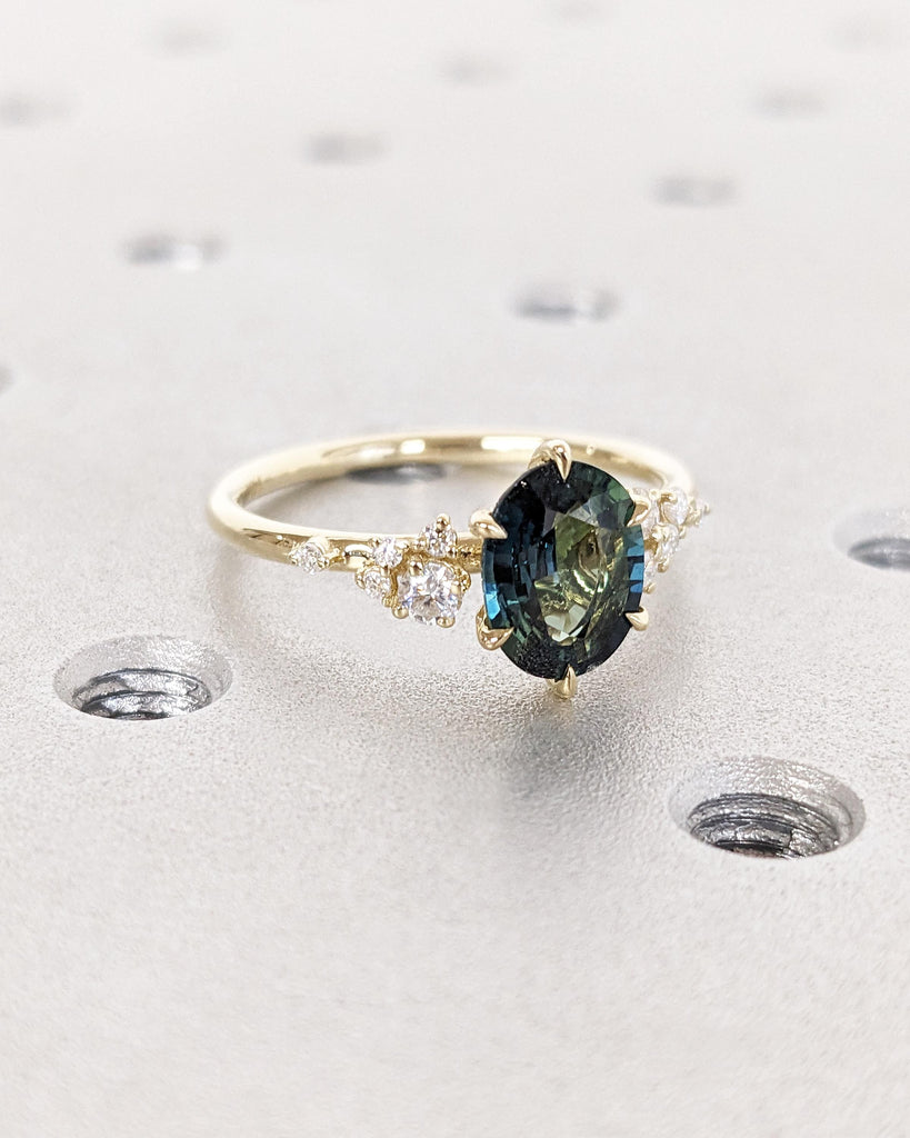 Blue Green Peacock Sapphire Ring | 1.5ct Oval Teal Sapphire Ring | 14K 18K Gold Sapphire Engagement Ring | Diamond Cluster Anniversary Ring