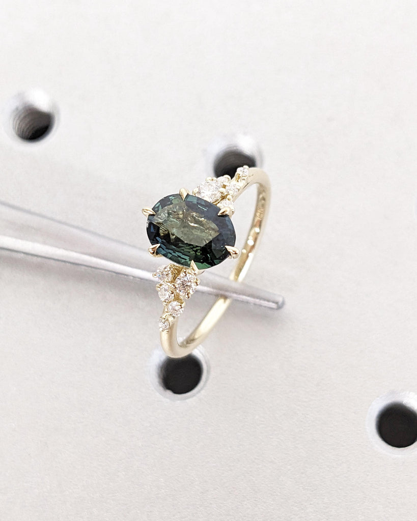 Blue Green Peacock Sapphire Ring | 1.5ct Oval Teal Sapphire Ring | 14K 18K Gold Sapphire Engagement Ring | Diamond Cluster Anniversary Ring