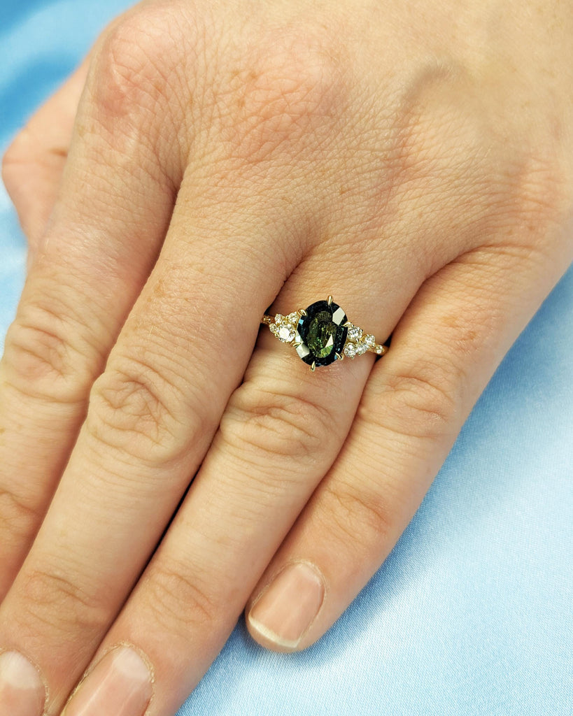 Blue Green Peacock Sapphire Ring | 1.5ct Oval Teal Sapphire Ring | 14K 18K Gold Sapphire Engagement Ring | Diamond Cluster Anniversary Ring