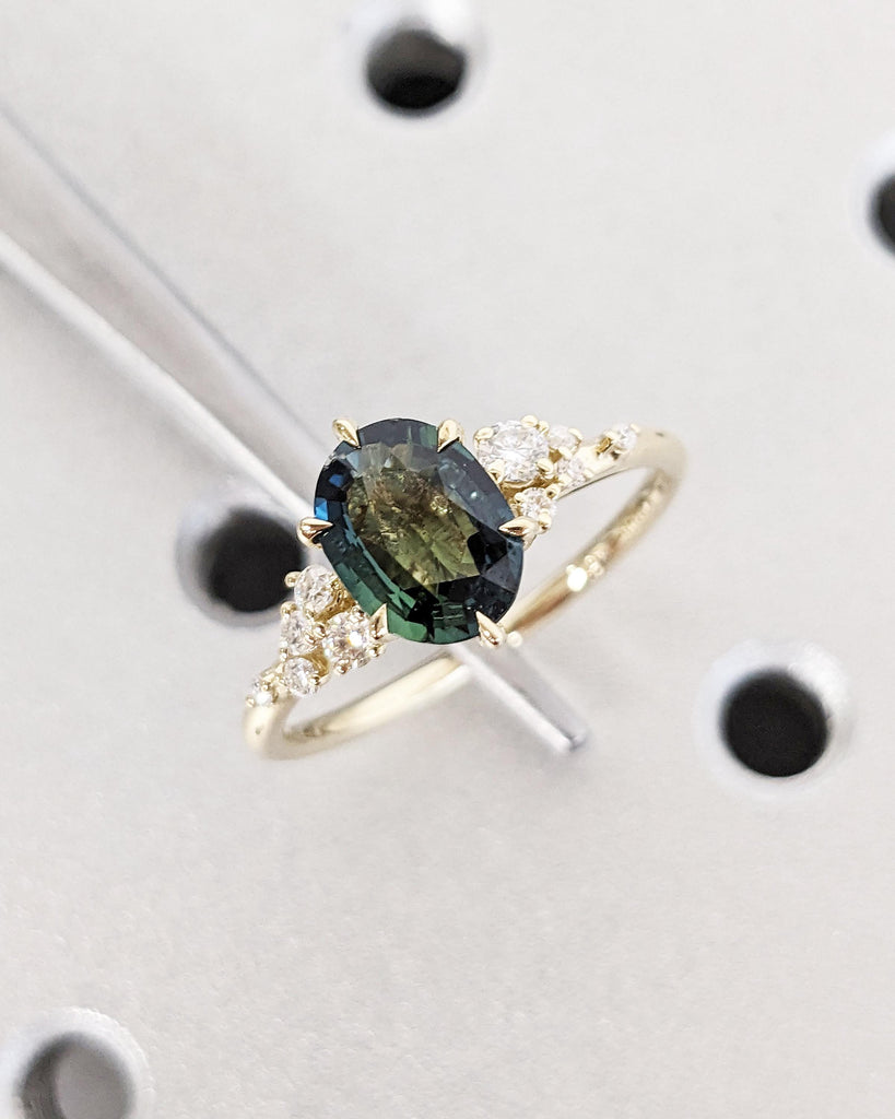 Blue Green Peacock Sapphire Ring | 1.5ct Oval Teal Sapphire Ring | 14K 18K Gold Sapphire Engagement Ring | Diamond Cluster Anniversary Ring