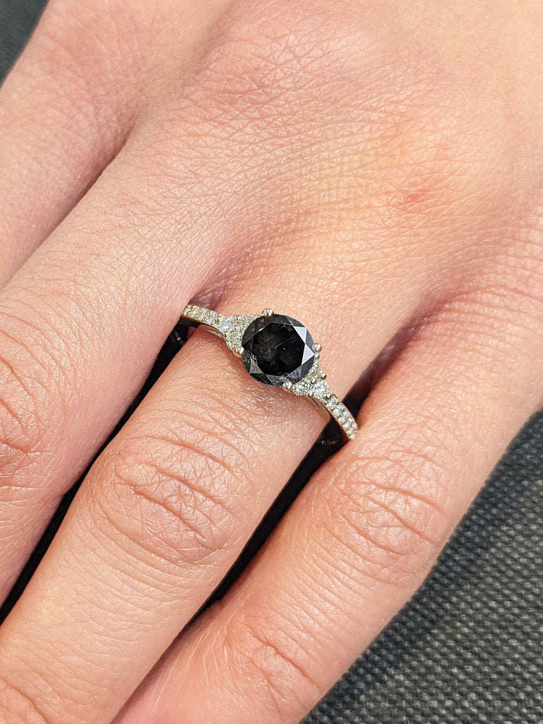 1ct Round Grey Diamond and Moissanite Art Deco Promise Ring | 14k 18k Gold Rings for Women | Paved Lab Grown Diamond Wedding Ring for Women