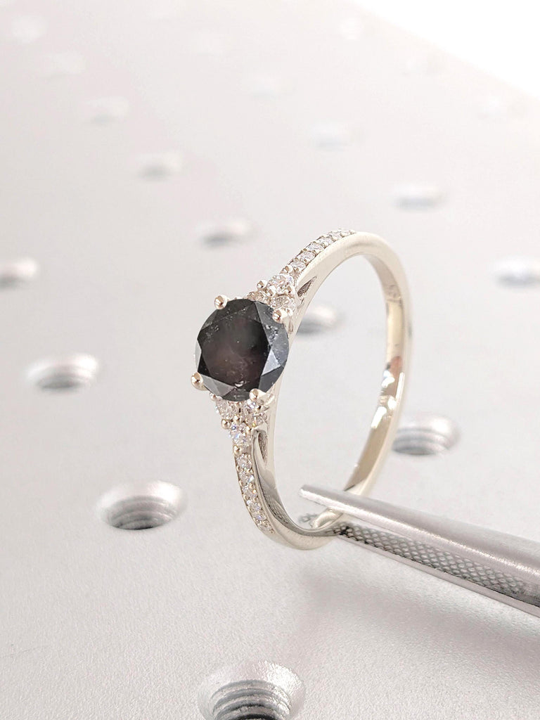 Round cut Raw Salt and Pepper Dark Grey Diamond Ring | 1 Carat Engagement Ring | Lab Diamond Eternity Band | White Gold Ring