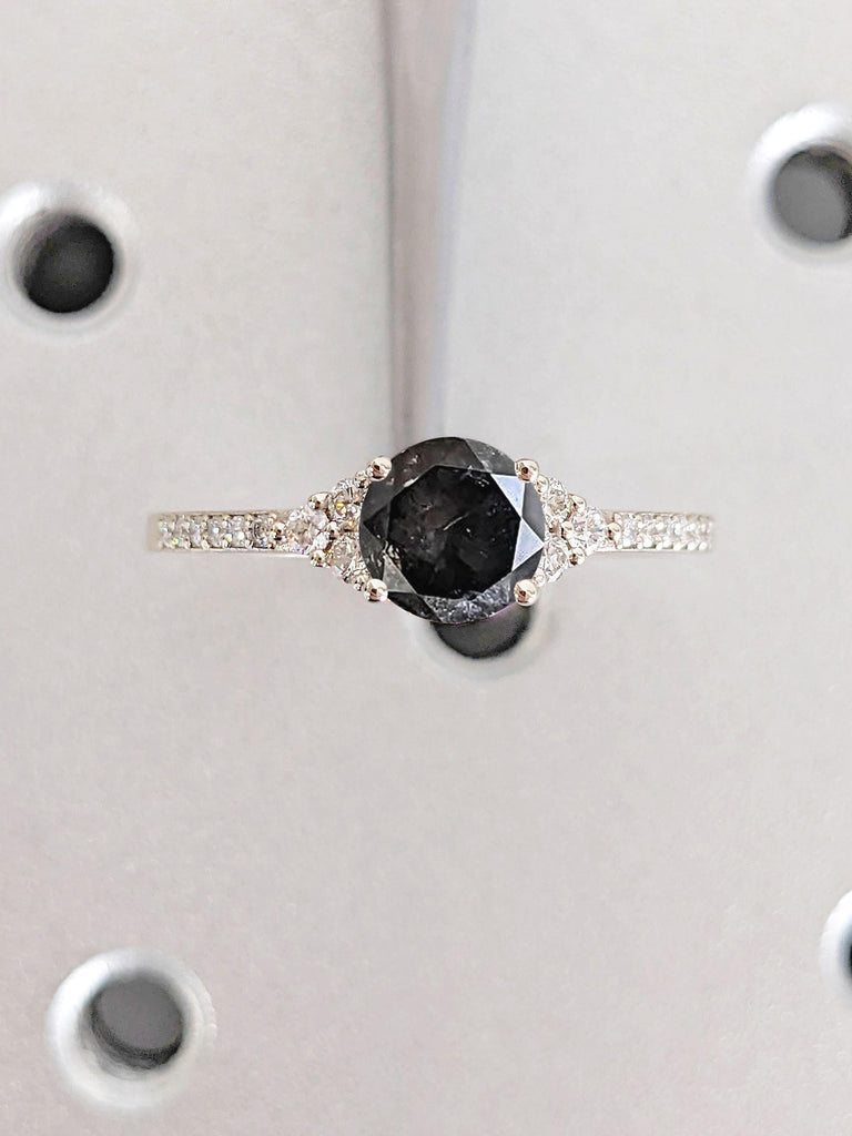 Natural Salt and Pepper Black Diamond White Gold Engagement Ring | Round Small Diamond Cluster Half Eternity Band | Diamond Rings for Women