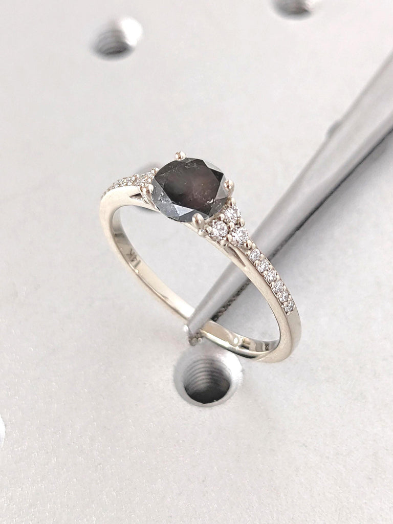 Natural Salt and Pepper Black Diamond White Gold Engagement Ring | Round Small Diamond Cluster Half Eternity Band | Diamond Rings for Women