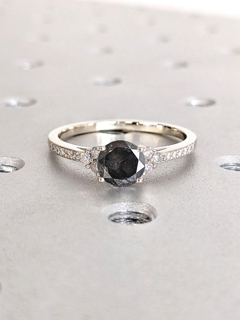 Natural Salt and Pepper Black Diamond White Gold Engagement Ring | Round Small Diamond Cluster Half Eternity Band | Diamond Rings for Women