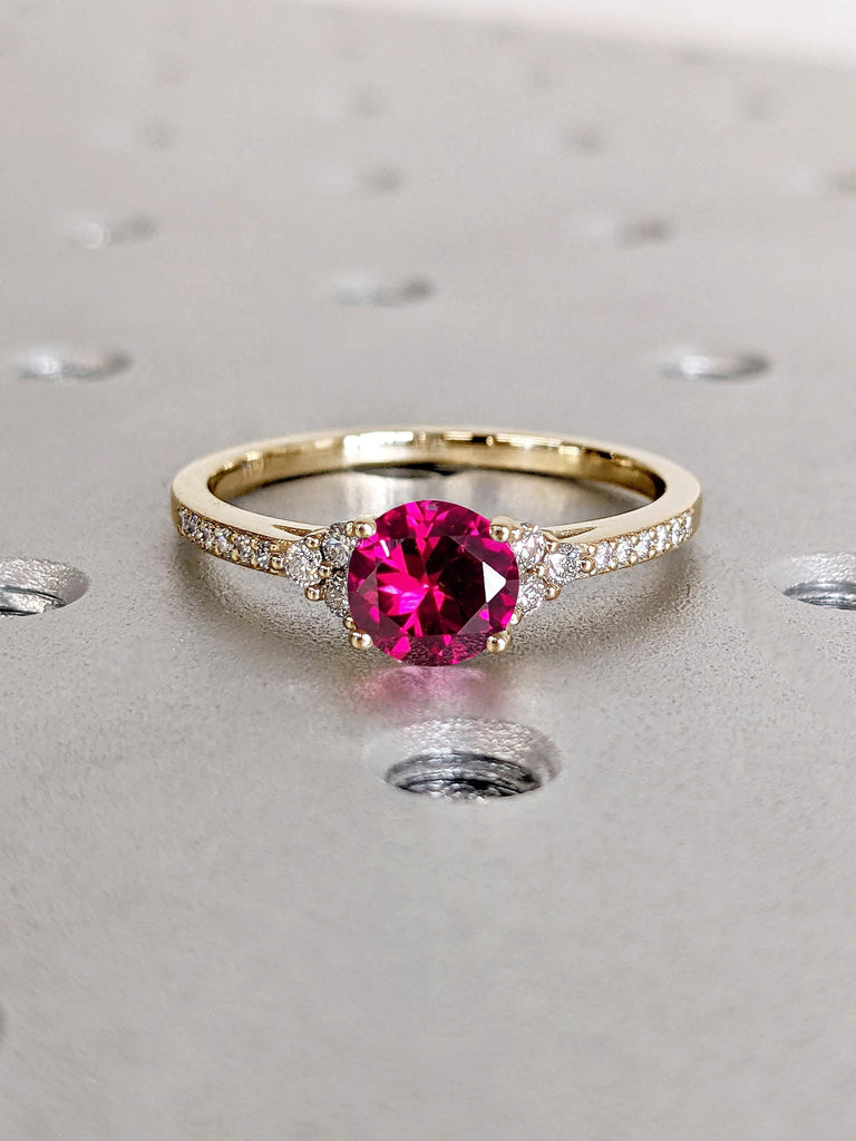 Red Ruby and Diamond Cluster Promise Ring | July Birthstone Gemstone Engagement Ring | 1ct, 1.5 Carat Round Ruby 14k Gold Rings for Women