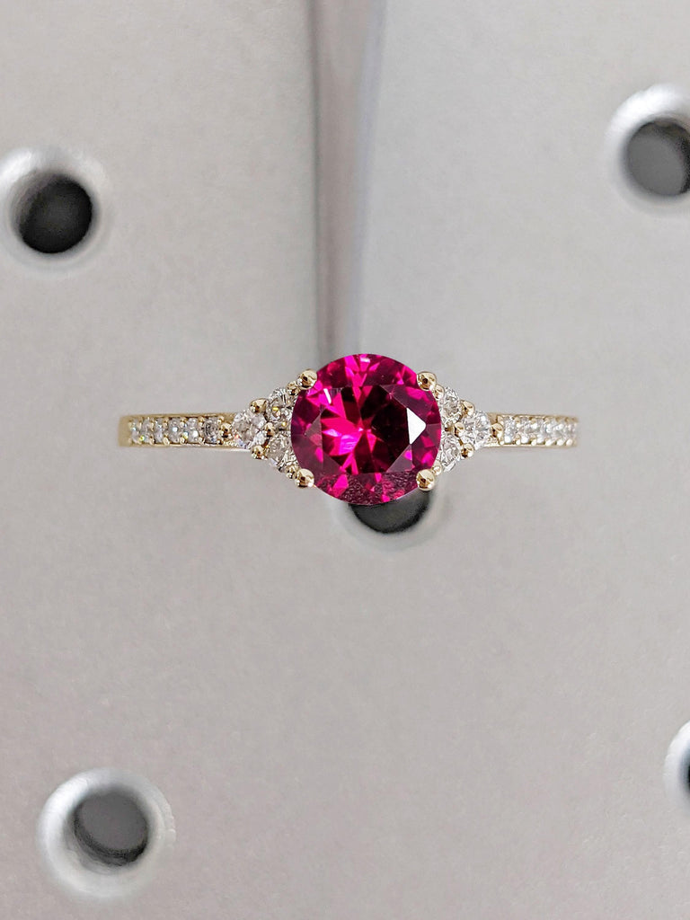 Delicate Engagement Ring | Solid Yellow Gold Ruby Ring | Paved Tiny Moissanite Half Eternity Band | Wedding Anniversary Ring Gift for Wife
