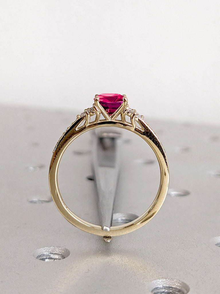 Delicate Engagement Ring | Solid Yellow Gold Ruby Ring | Paved Tiny Moissanite Half Eternity Band | Wedding Anniversary Ring Gift for Wife