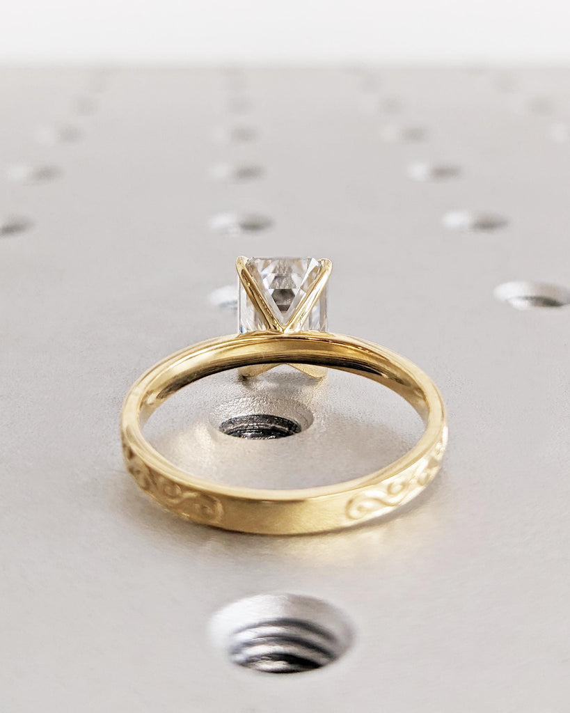 Emerald cut Moissanite Solitaire Promise Ring | Vintage Inspired 14K 18K Yellow Gold Band for Her | Scrollwork Pattern Women Wedding Band