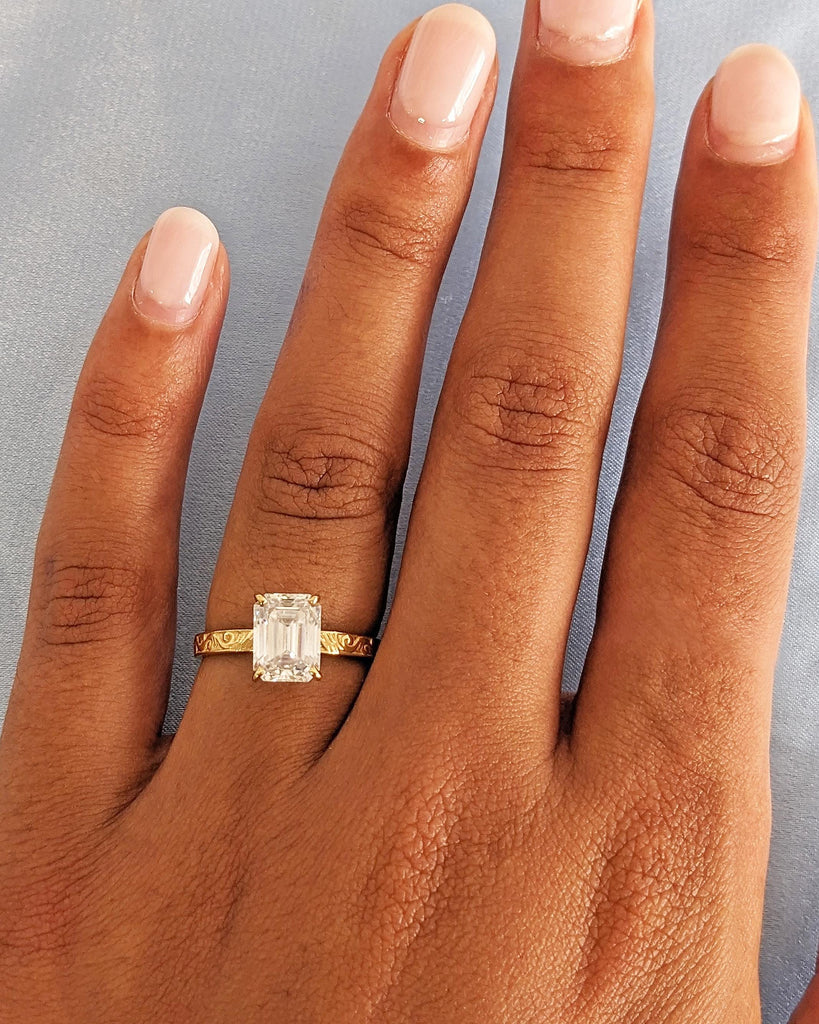 Emerald cut Moissanite Solitaire Promise Ring | Vintage Inspired 14K 18K Yellow Gold Band for Her | Scrollwork Pattern Women Wedding Band