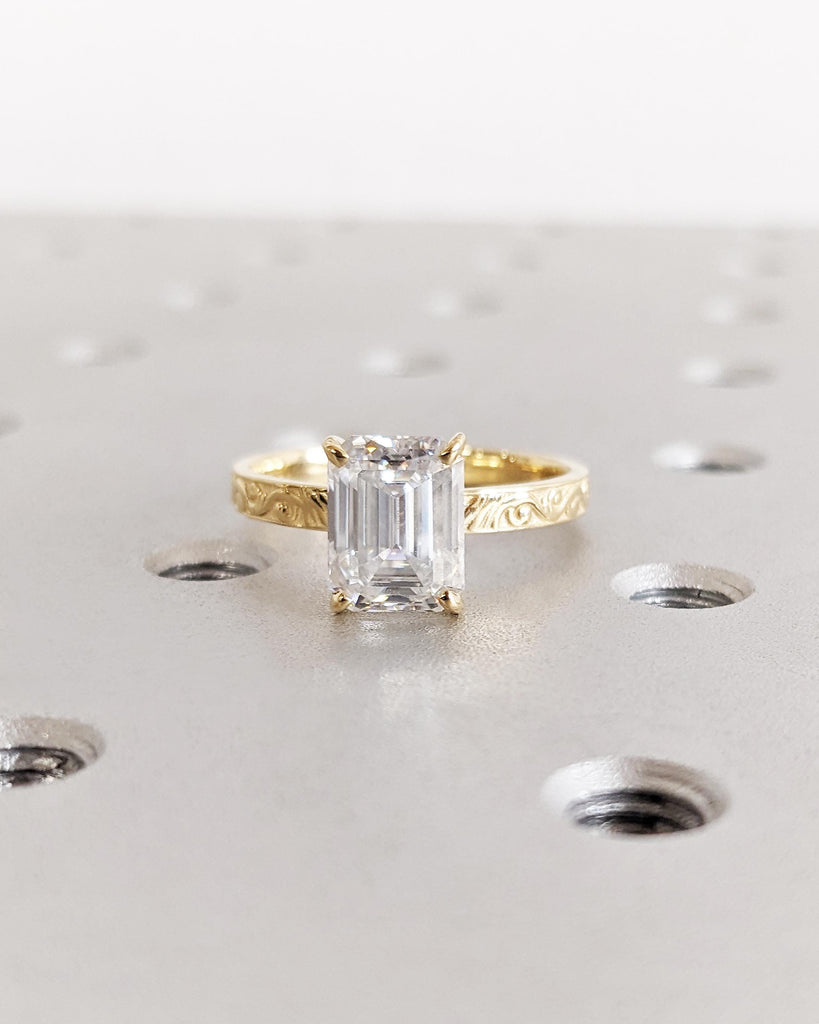 Emerald cut Moissanite Solitaire Promise Ring | Vintage Inspired 14K 18K Yellow Gold Band for Her | Scrollwork Pattern Women Wedding Band