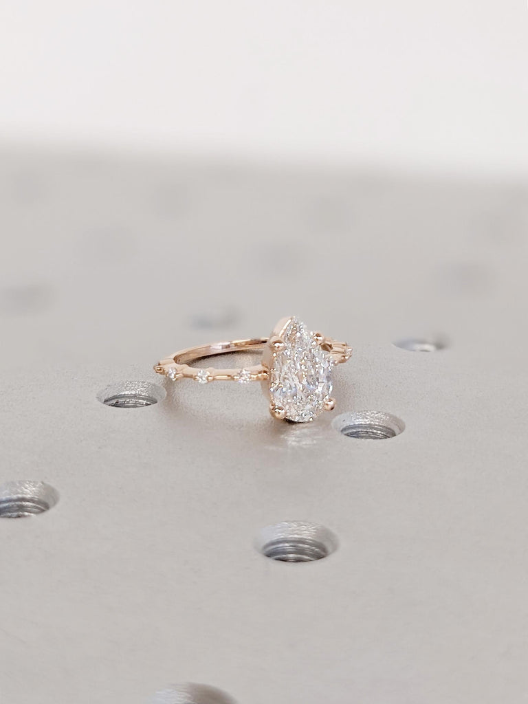 1.5 Carat Pear Lab Diamond Engagement Ring, 14K Rose Gold Dainty Thin Band, 4 Prong Setting, Moissanite Accent Promise Ring, Wedding Ring