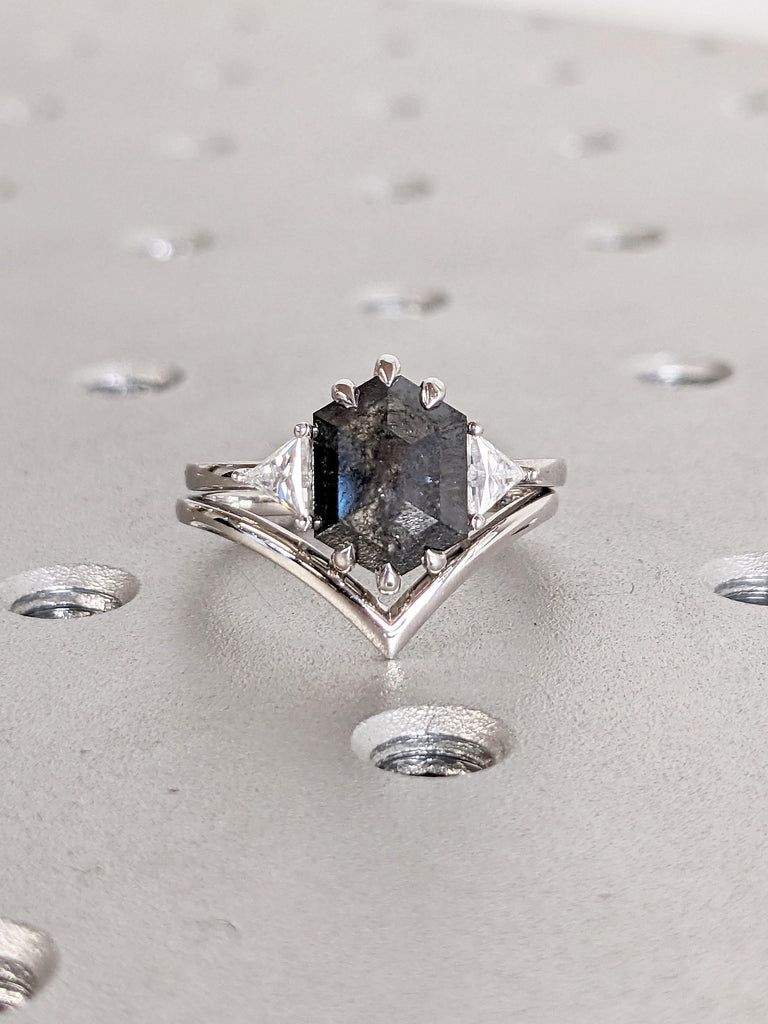 Hexagon cut Salt and Pepper Black Diamond Engagement Ring Set | Chevron Stacking Ring | Comfort Fit 14k 18k Gold Ring | Woman Bridal Set