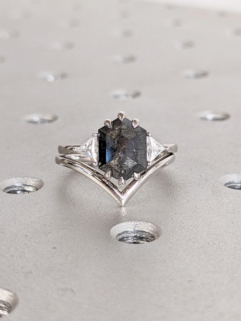 Hexagon cut Salt and Pepper Black Diamond Engagement Ring Set | Chevron Stacking Ring | Comfort Fit 14k 18k Gold Ring | Woman Bridal Set