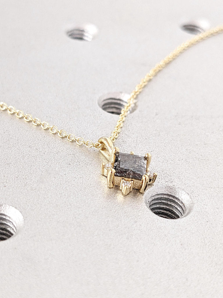 Princess cut Real Diamond Necklace / Solitaire Genuine Dark Grey Diamond Necklace / Dainty Salt and Pepper Black Diamond Bridal 14k Solid Gold Necklace / Anniversary gift