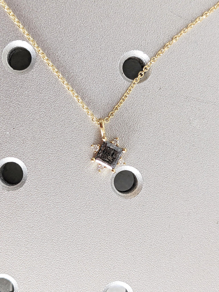 Unique Princess Cut Salt and Pepper Galaxy Diamond Necklace | 18k Yellow Gold Celestial Charm Necklace | Halo Diamond Pendant Gift for Women