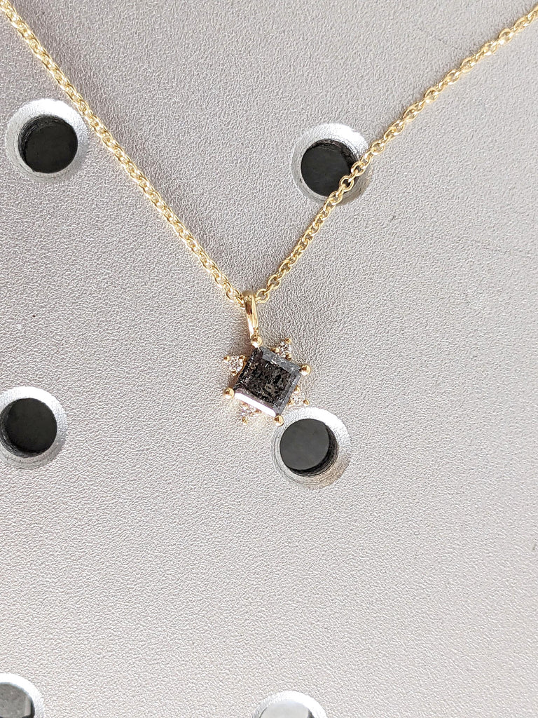 Solid Yellow Gold Necklace for Women | Princess cut Pendant Salt and Pepper Diamond Simple Necklace | Layering Necklace | Engagement Gift