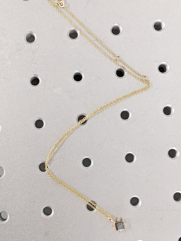 Genuine Diamond Square Pendant Woman Gold Necklace | Dainty Salt and Pepper Black Diamond and Moissanite Halo Necklace | Anniversary Gift