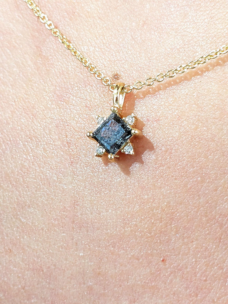 Unique Princess Cut Salt and Pepper Galaxy Diamond Necklace | 18k Yellow Gold Celestial Charm Necklace | Halo Diamond Pendant Gift for Women