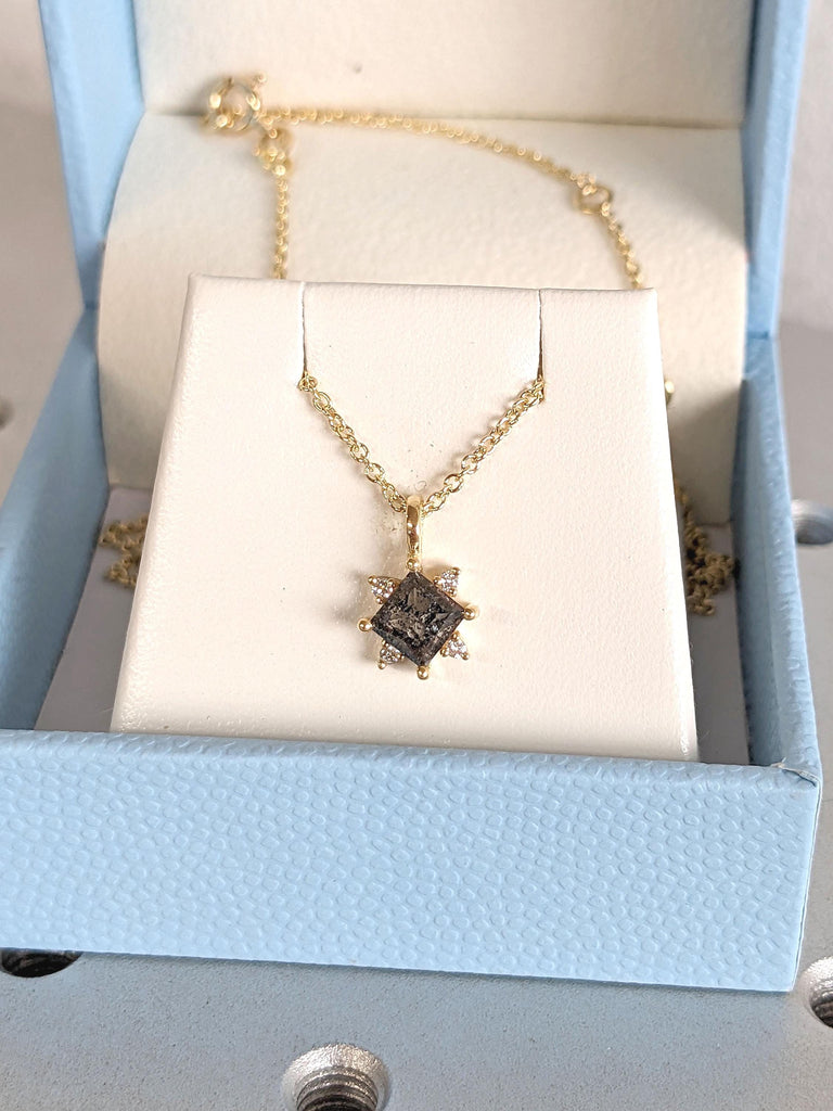 Unique Black and White Diamond Princess cut Pendant Necklace | 18k Yellow Gold Raw Salt and Pepper Diamond Bridal Necklace | Woman Jewelry